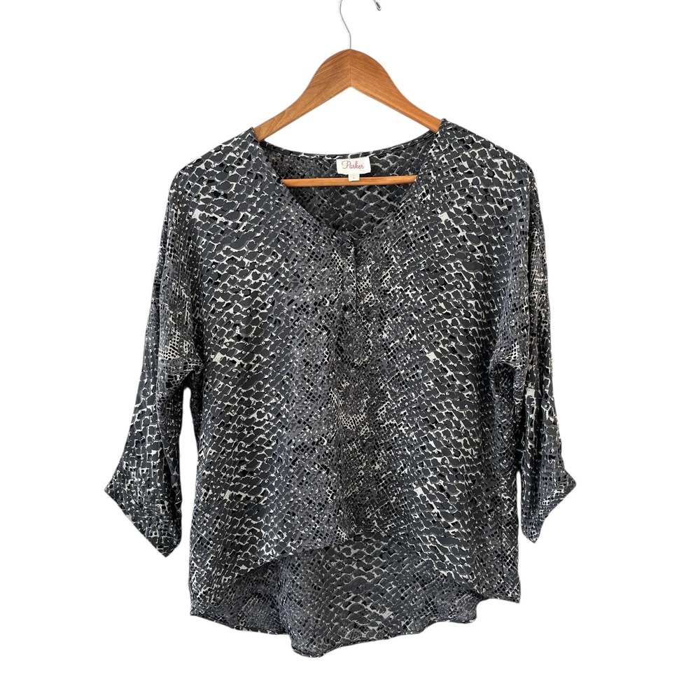 Parker Gray Animal Print Silk Rhinestone Tunic Top Womens Size L Maximalist